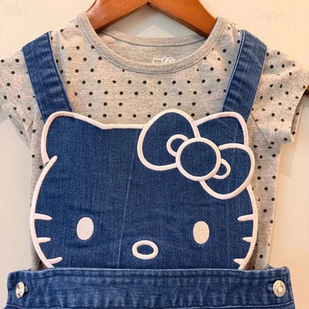 Hello Kitty Sanrio Denim 2 Piece Dress Set Embroidered Blue Grey Polka Dot 5 EUC